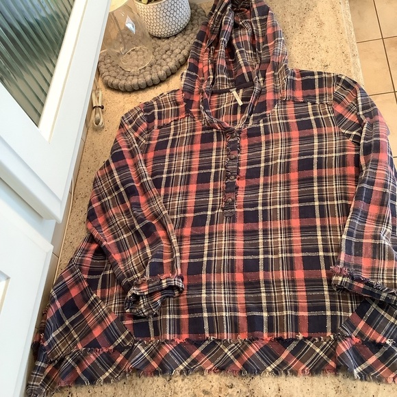 Free People Blue and Pink Popover Hooded Shirt Size Medium - Picture 6 of 8